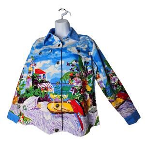 Tudor Court by Haband Tropical Parrot Denim Shacket M 100% Cotton‎ Dopamine